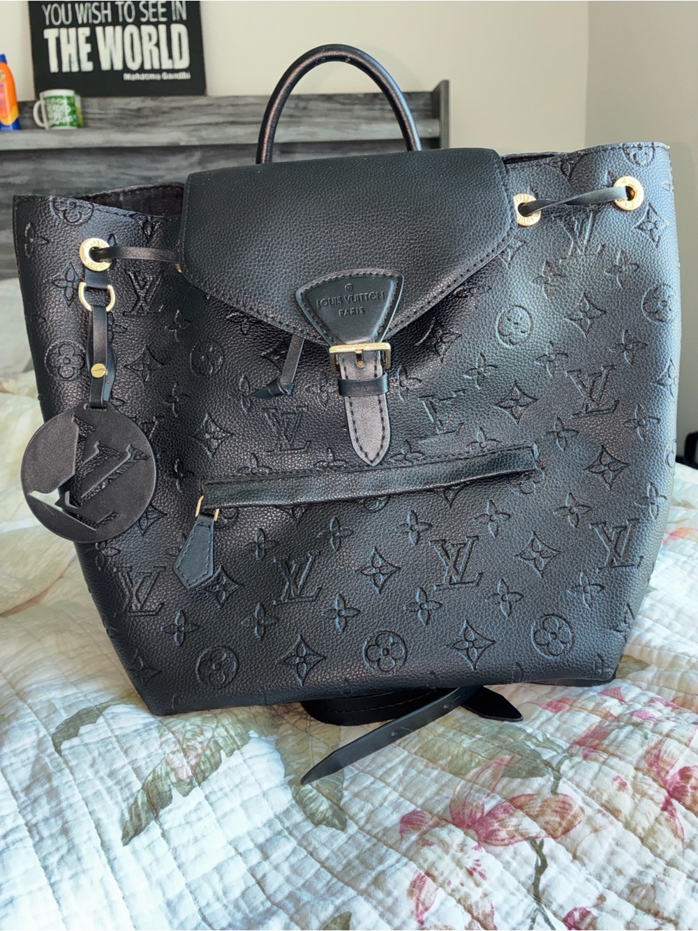 Black Embossed Monogram Leather Backpack
